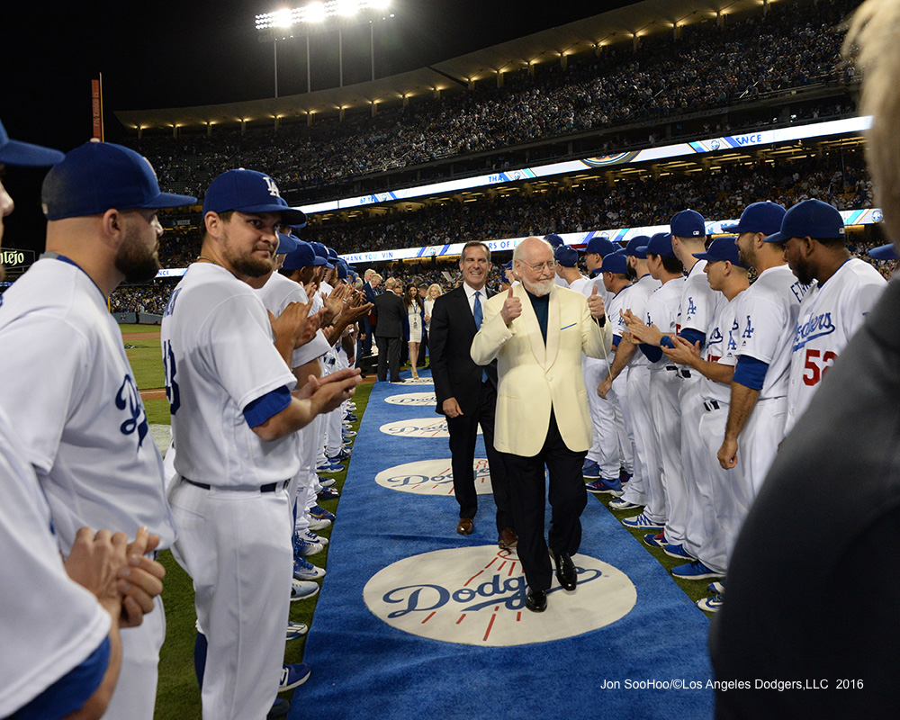 Composer John Williams and Mayor Garcetti take the walk through the team during the Vin Scully Ceremony Friday, September 23, 2016 at Dodger Stadium. Photo by Jon SooHoo/©Los Angeles Dodgers,LLC 2016